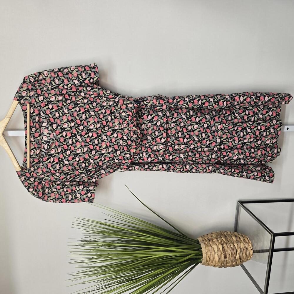 Floral Tiered Midi Dress Short Sleeve Belted Pink Green Black Poppy Print